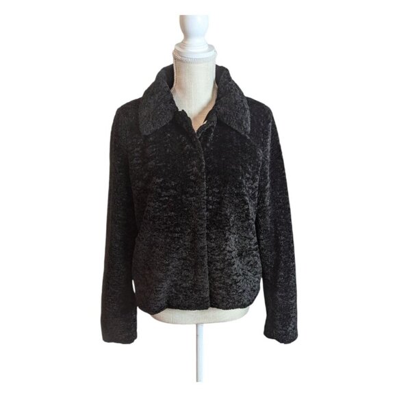 H&M Divided Womens Size M Black Faux Fur Snap Front Coat Jacket Lined - Picture 1 of 6